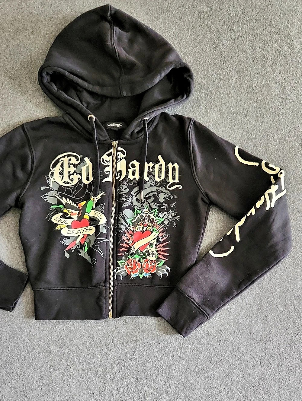 Ed Hardy Womens Black Cropped Full Zip Graphic Hoodie Sz Small Streetwear Gothic